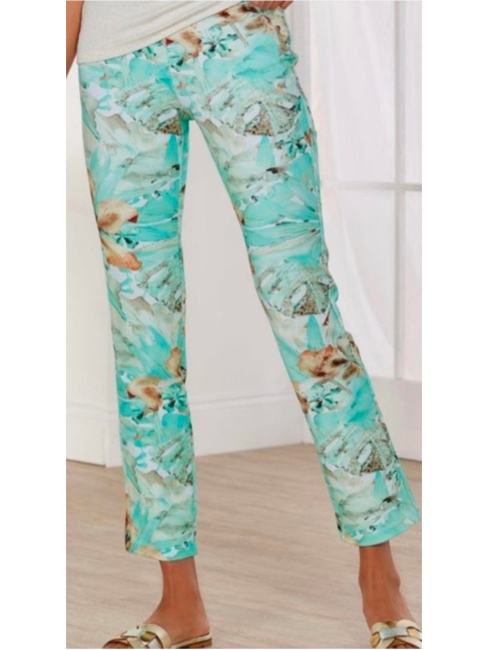 Soft Surroundings Paloma Palm Tropical Stretch Pants Mint 2X